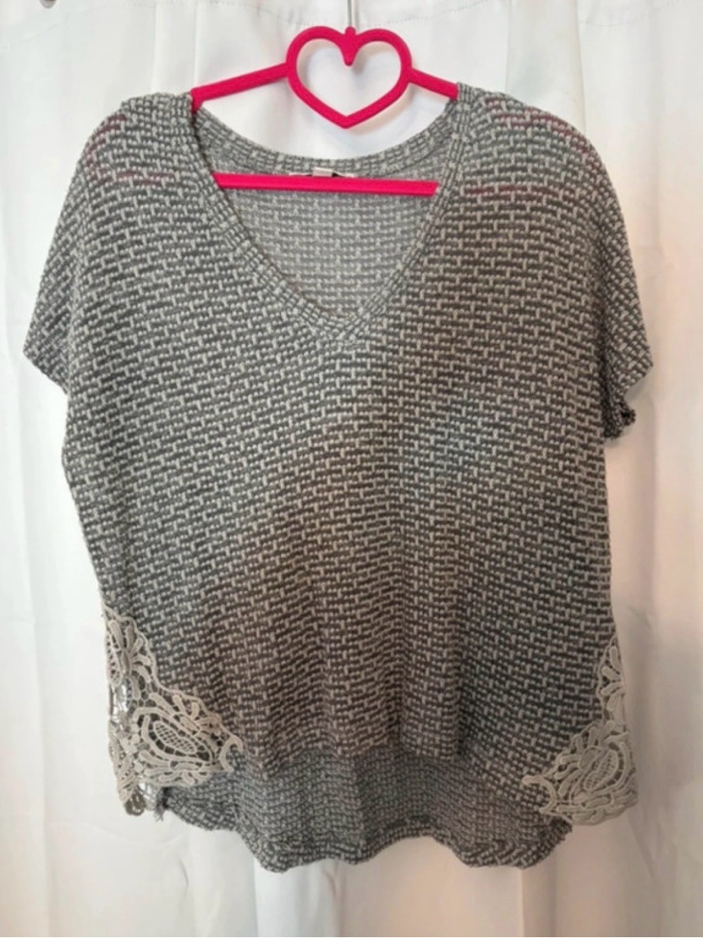 American Eagle Outfitters Gray Knit V-Neck Top with Cream Lace Trim